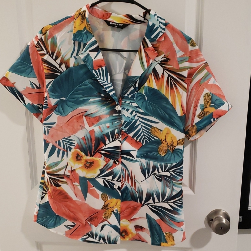 Coral and Teal Floral Button Down Shirt
